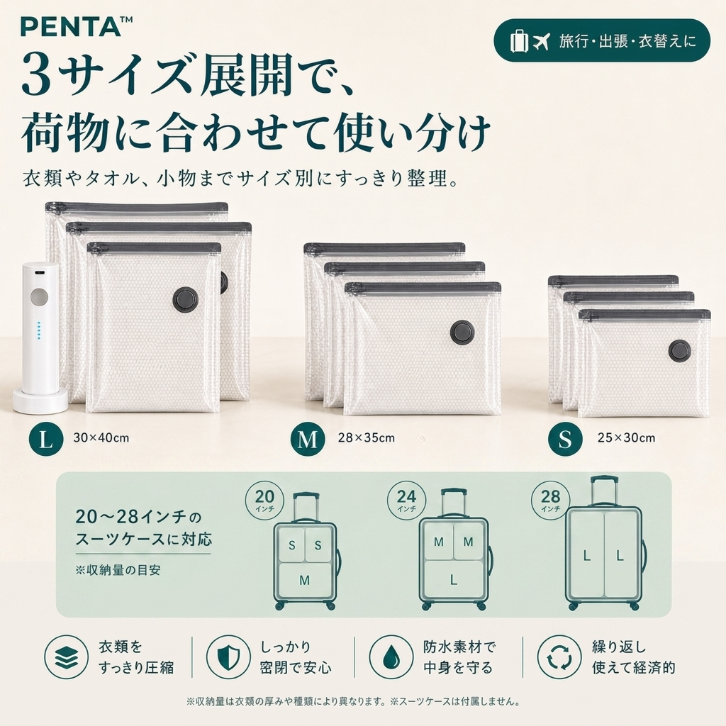 PENTA™ 旅行用真空圧縮バッグセット