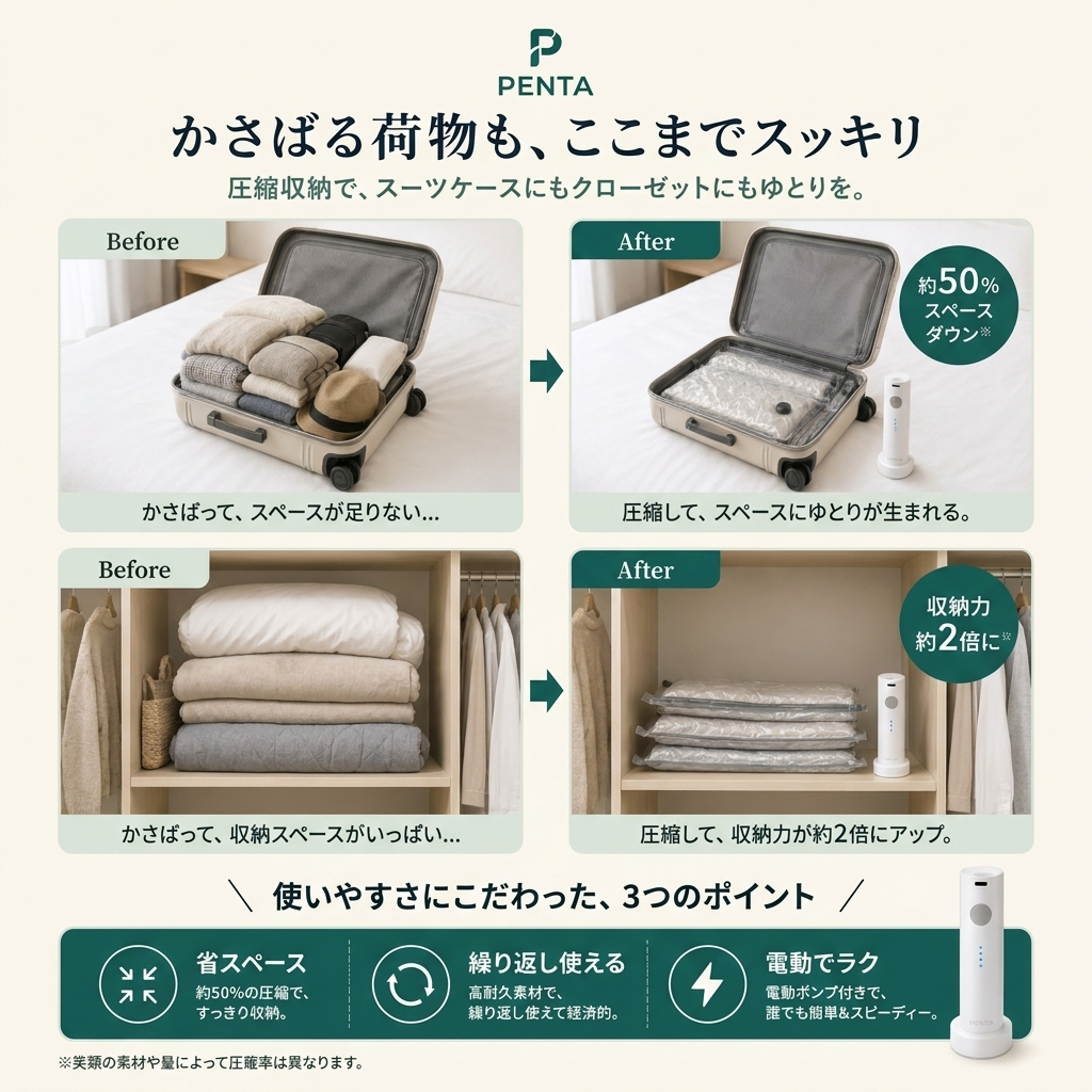 PENTA™ 旅行用真空圧縮バッグセット
