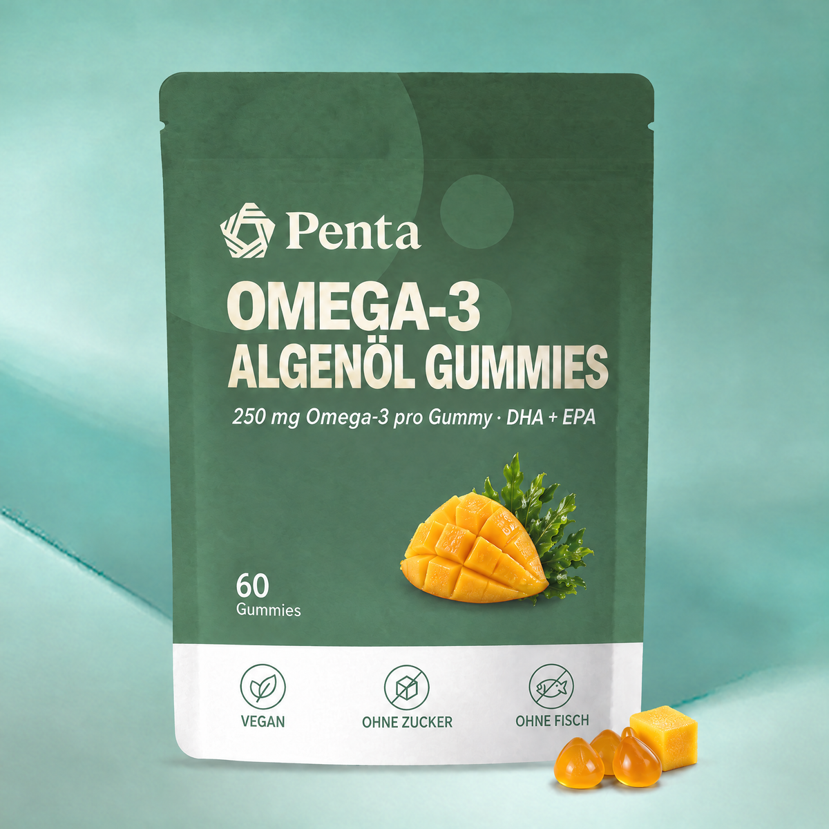 PENTA Omega-3 Algenöl Gummies Beutel mit 60 veganen Mango-Fruchtgummis