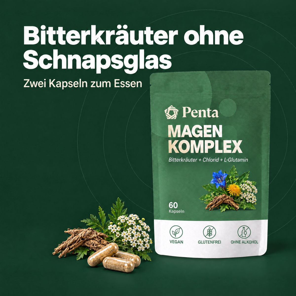 PENTA Magen-Komplex: Bitterkräuter ohne Schnapsglas, zwei Kapseln zum Essen