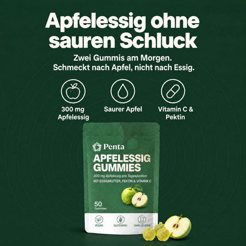 Apfelessig ohne sauren Schluck: zwei Gummis am Morgen, 300 mg Apfelessig, Geschmack nach saurem Apfel, mit Vitamin C und Pektin