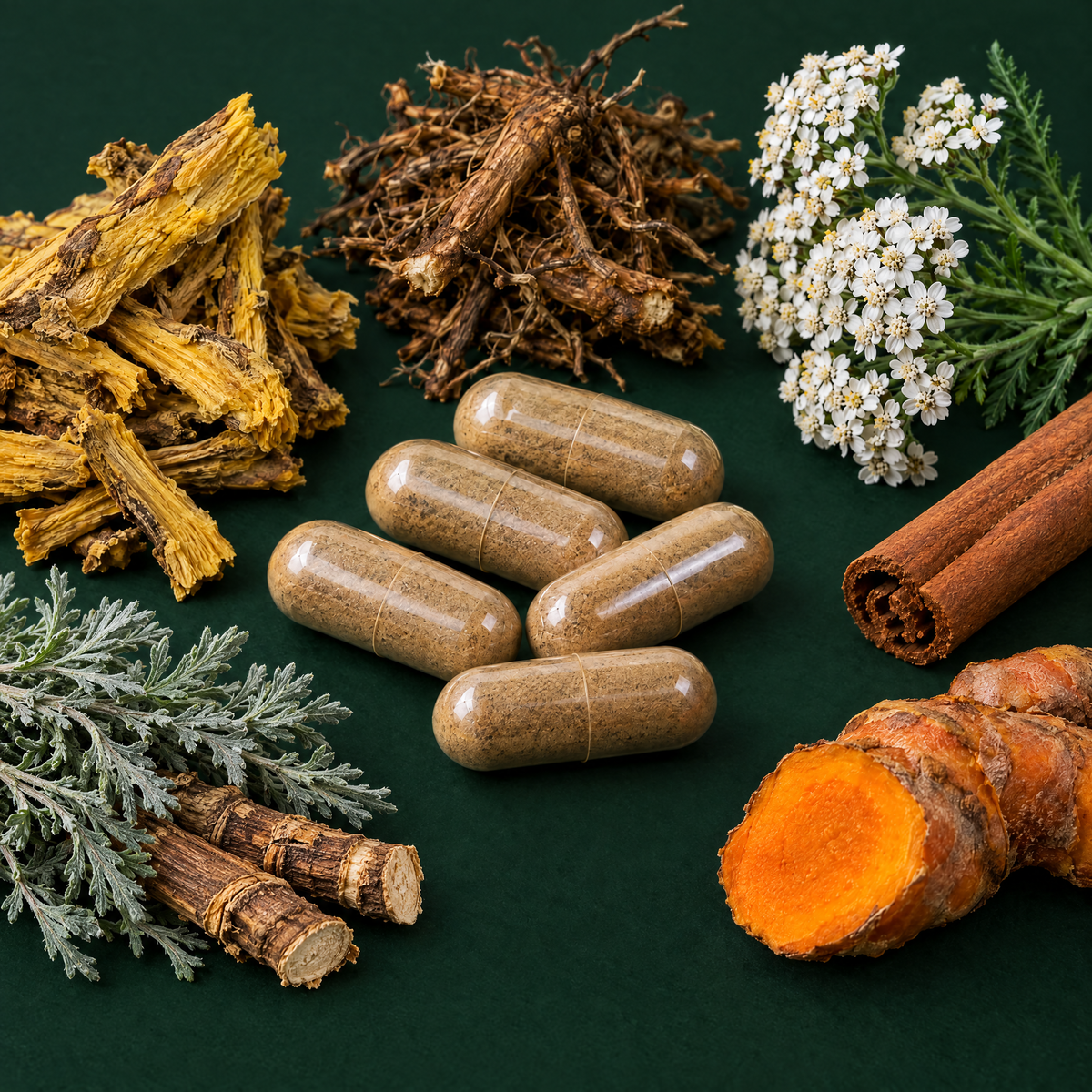 Vegane Kapseln mit Kräuterpulver neben Enzianwurzel, Löwenzahnwurzel, Schafgarbe, Wermut, Kalmuswurzel, Zimt und Curcuma